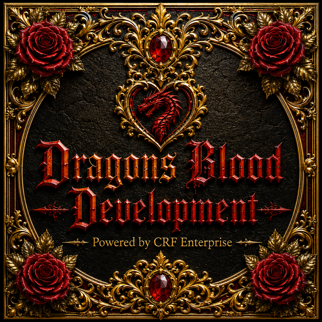 Dragons Blood Development ornate gold and ruby crest logo